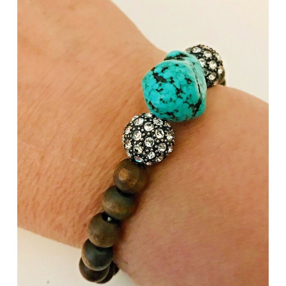 Turquoise & Brown Wood Bead Bracelet Stretch